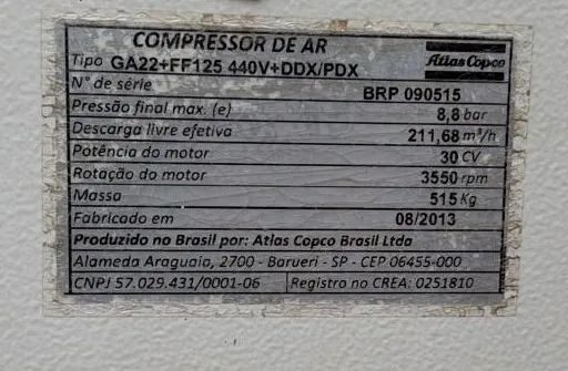Compressor Atlas Copco GA22+ FF (2013) - C/ NF e Peças Sobressalentes - Foto 3