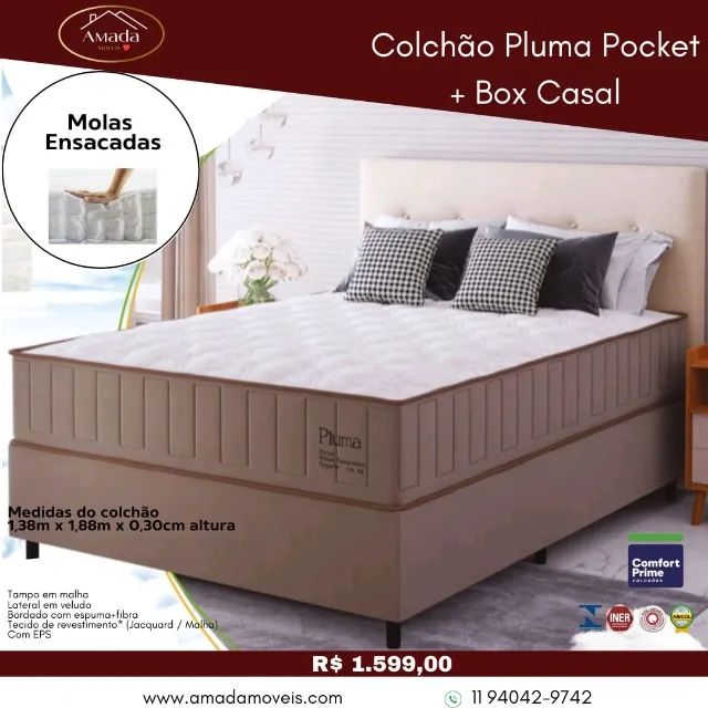 Colchão Pluma Pocket+box casal, a pronta entrega 
