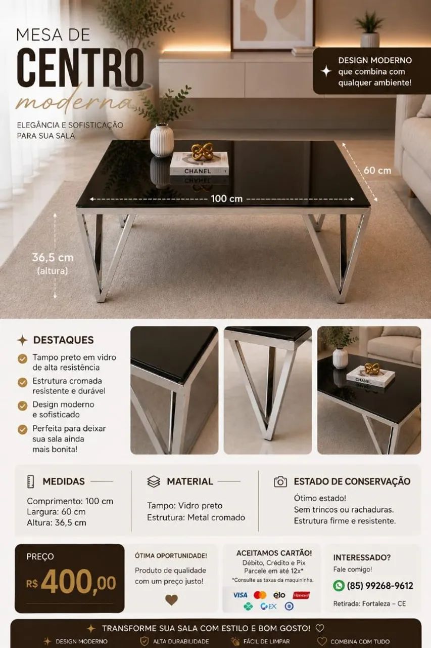 Mesa de centro de vidro preto piano