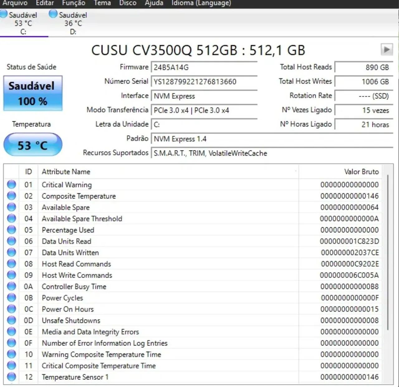 SSD NVME CUSU 512 GB (usado) - Foto 4