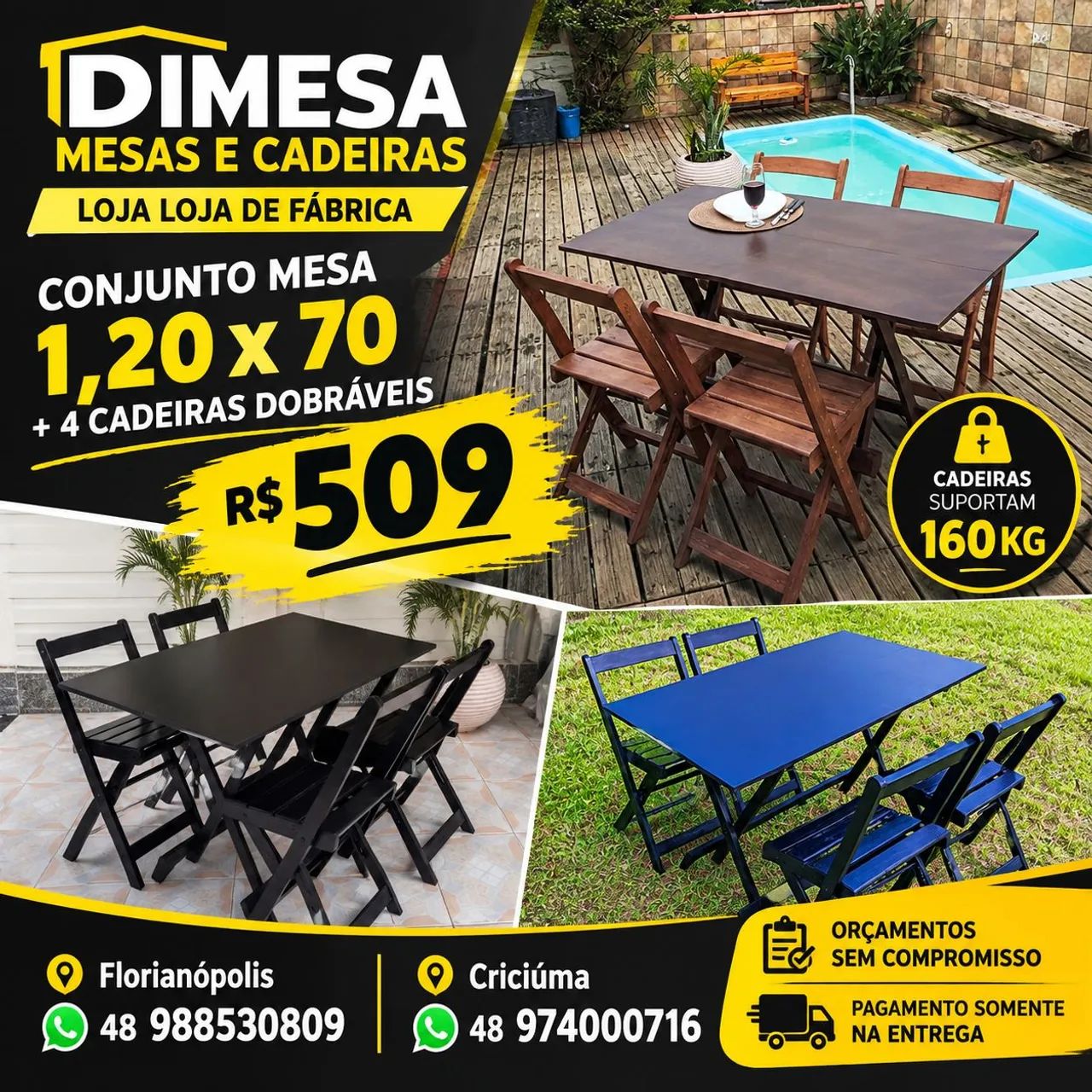 Jogo mesa 1,20x70 4 cadeiras dobráveis preta ou marrom 