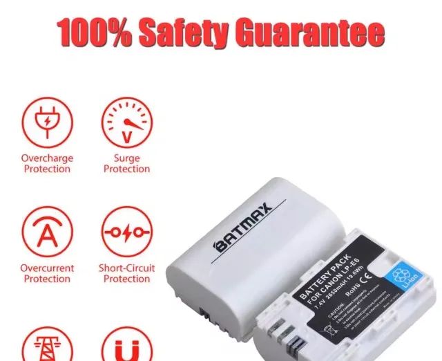 Bateria Lp-E6 Batmax 2650 Mah Lp-E6N Canon R8 R7 R6 6D 60D 7D Mk Ii 5D Mk Iv 80D 70D - Foto 2
