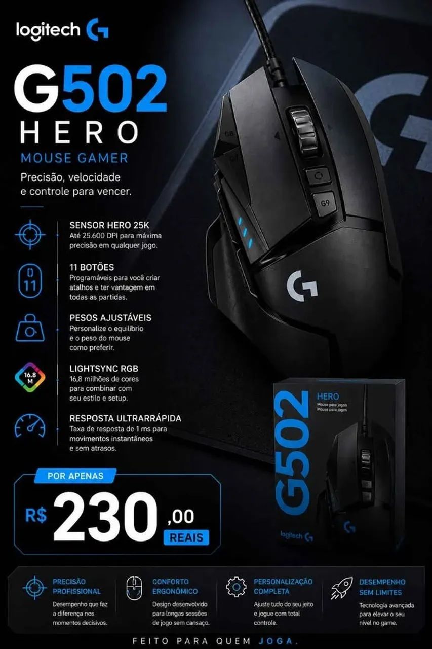 Mouse Gamer Logitech G502 HERO, 11 Botões Programáveis | Sensor HERO 25K, RGB LIGHTSYNC.