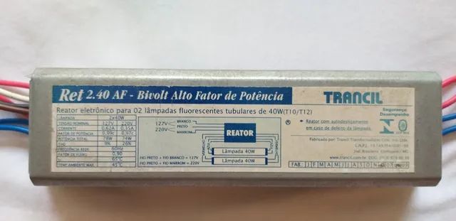 Reator eletrônico, marca Trancil, modelo 2.40 AF, para 02 lampadas fluoresce
