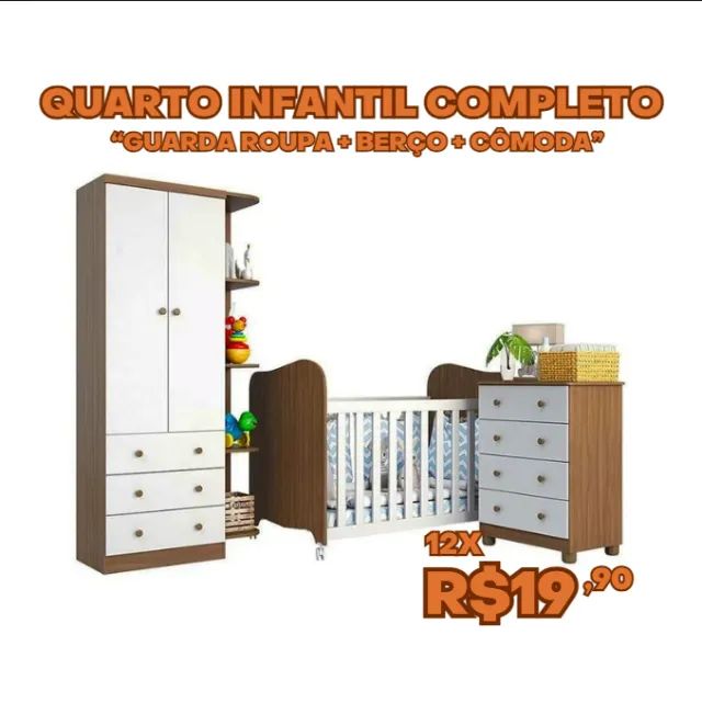 Quarto Infantil Completo: Guarda-Roupa, Berço 2 em 1 e Cômoda - Conjunto Smim