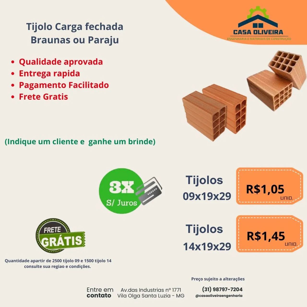 Tijolo Cerâmica Braunas ou Paraju - Entrega rápida e frete grátis!