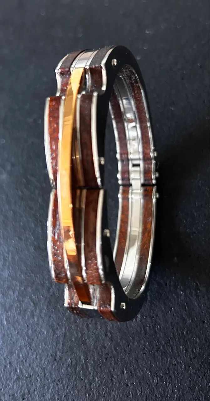 Bracelete em aço, madeira e bronze - Foto 3