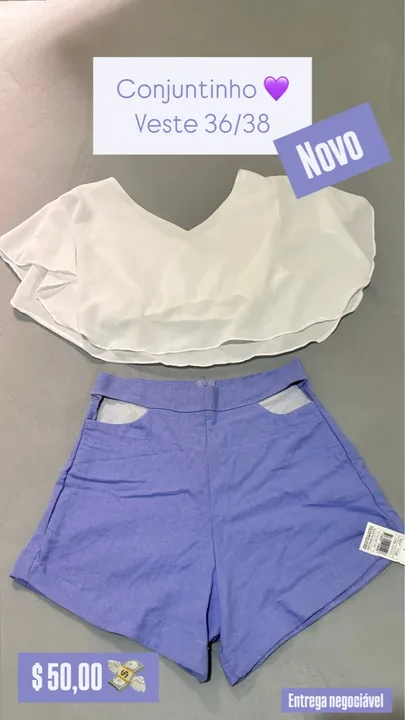 Conjunto cropped branco e short azul - Novo!