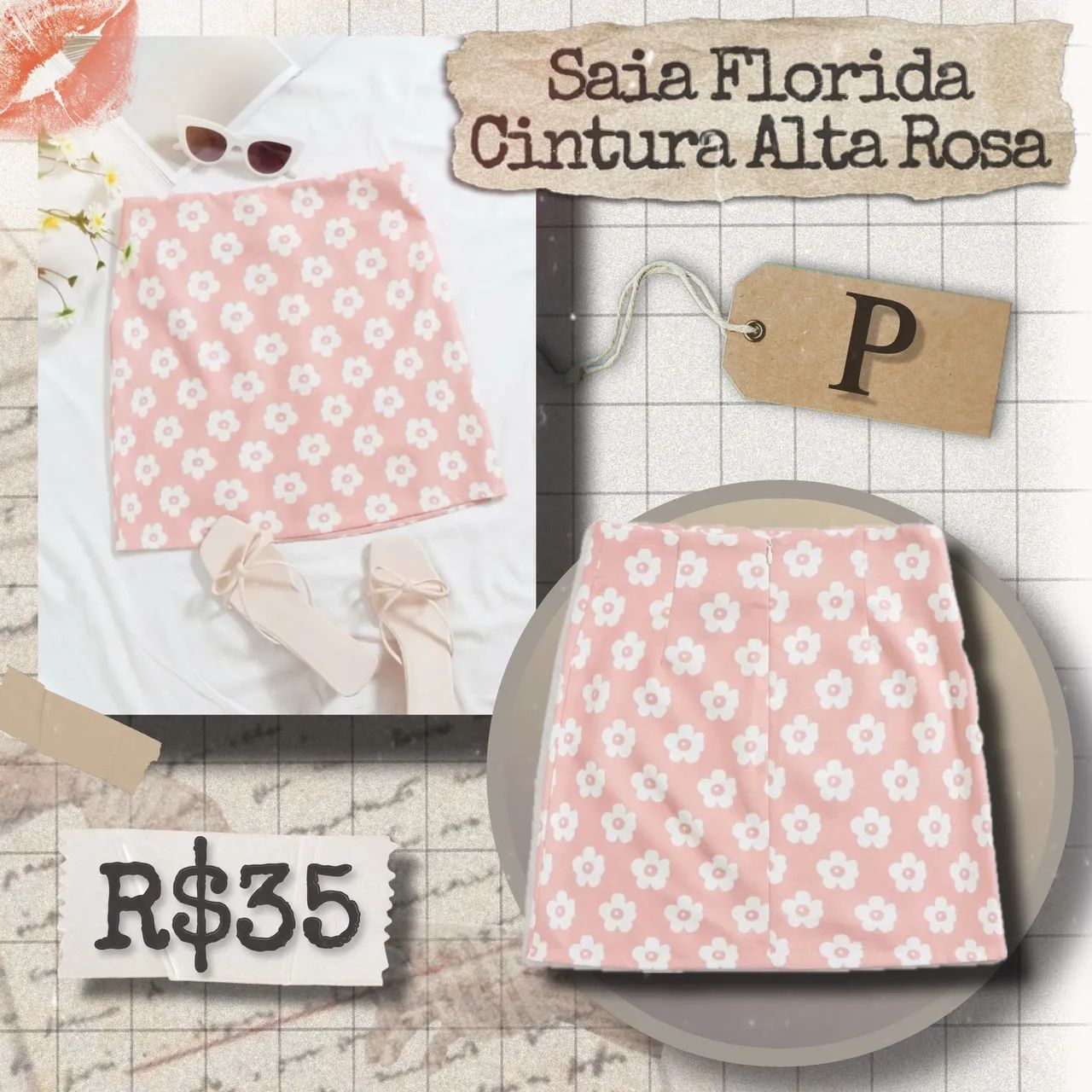 Saia Florida Cintura Alta Rosa (P)  - Foto 2