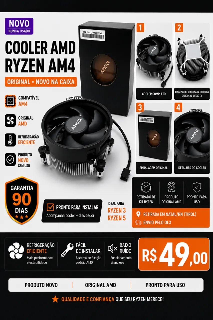 Cooler original AMD para processadores Ryzen socket AM4, produto novo e nunca usado.