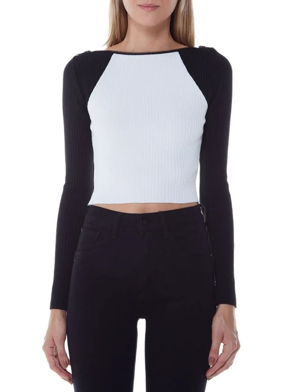 Blusa Manga Longa Canelada Preto e Branco John John