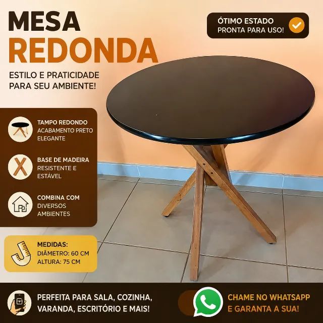 MESA REDONDA PRETA COM PÉS DE MADEIRA MACIÇA