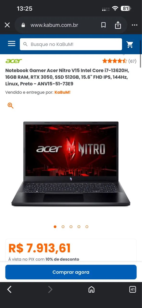 Acer nitro v15 com i7 de 13 geração e 16 gigas de ram(aceito trocas em pc gamer) - Foto 3