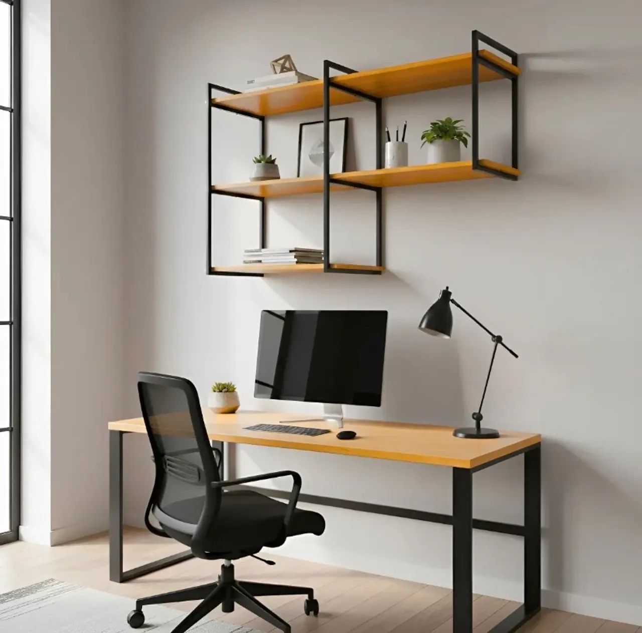 Escrivaninha com Prateleira Suspensa - Estilo Industrial (Metalon e Madeira)