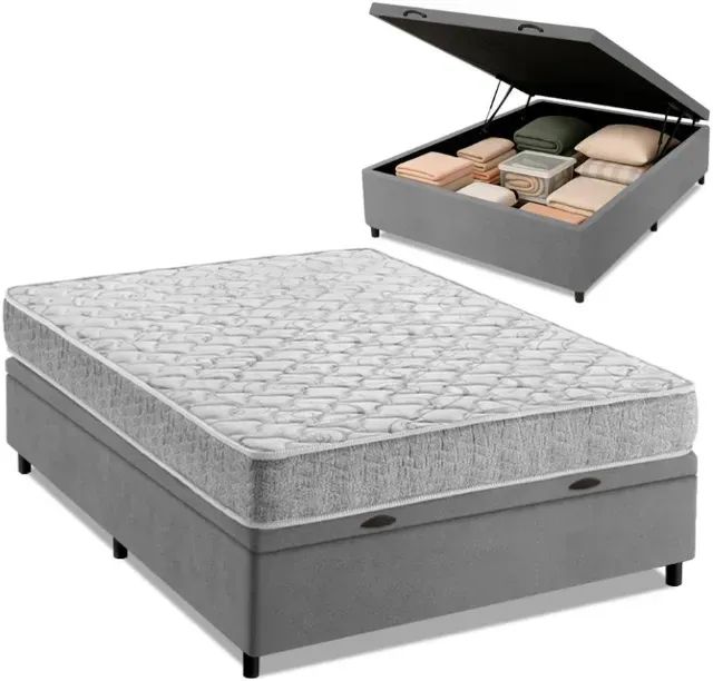 Colchão Casal Espuma D33 + Cama Box Baú Cinza