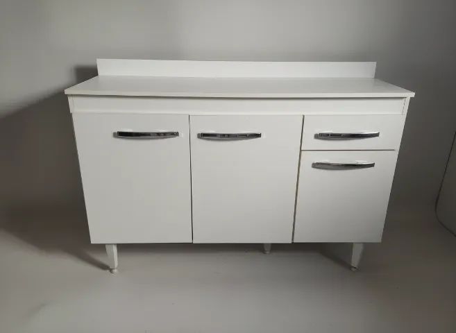 Balcão de cozinha com tampo modulado 1,20m, 2 Portas 3 Gavetas Branco