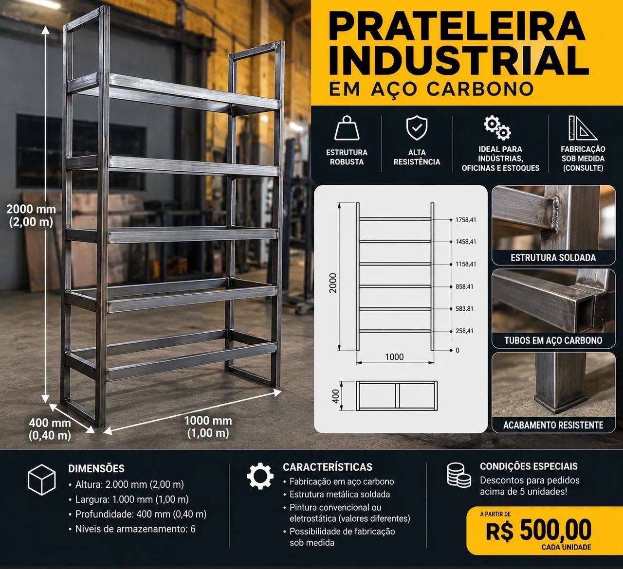 Prateleira industrial em aço carbono