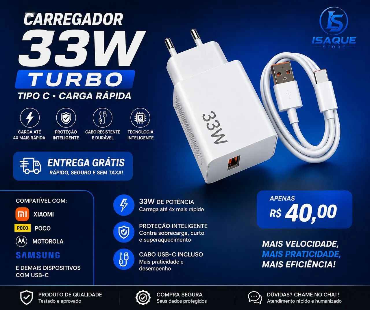 ? Carregador Turbo 33W USB-C | Carga Rápida | Novo | - Foto 2