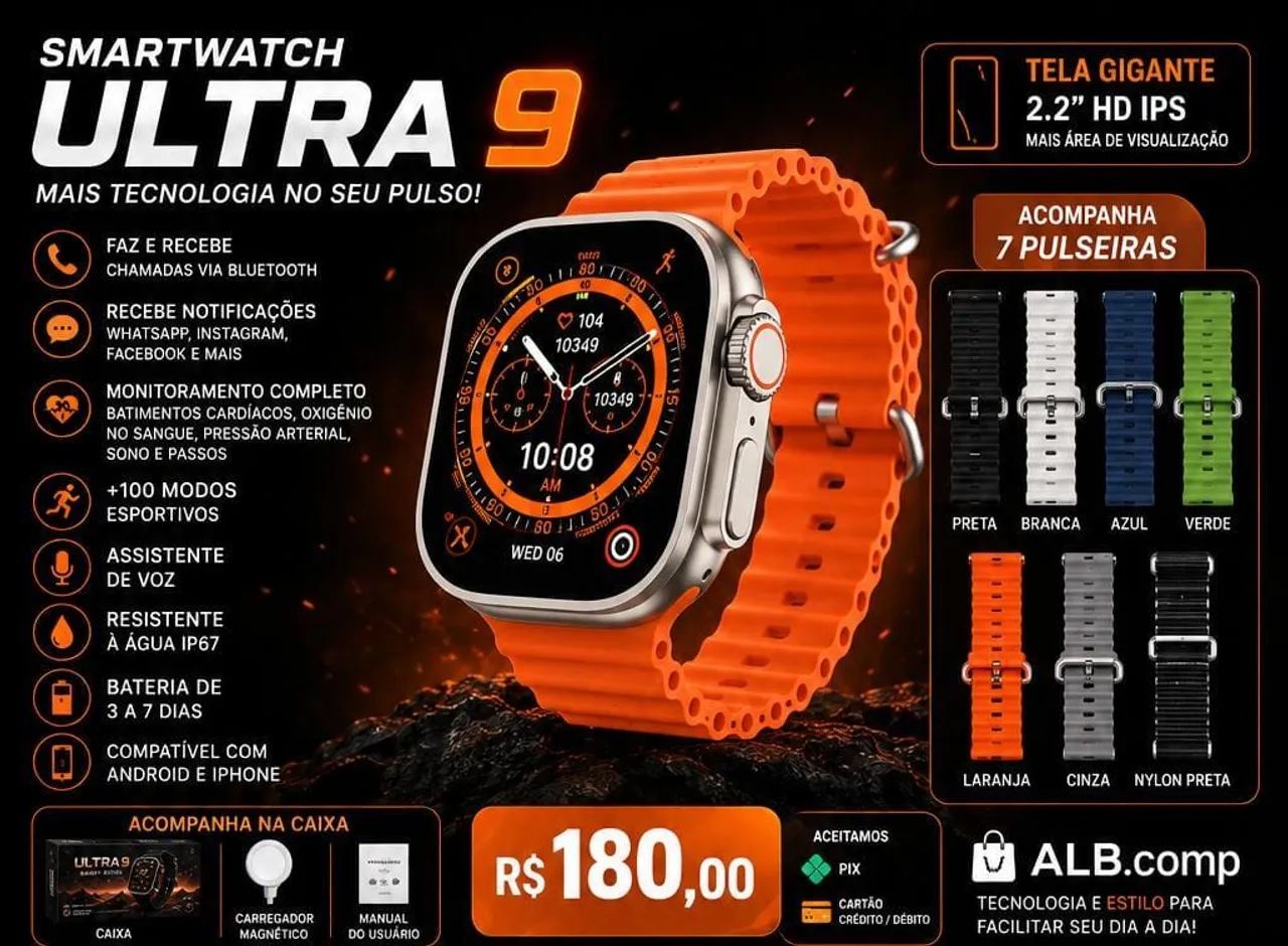 Smartwatch ultra 9. Com 7 pulseiras 