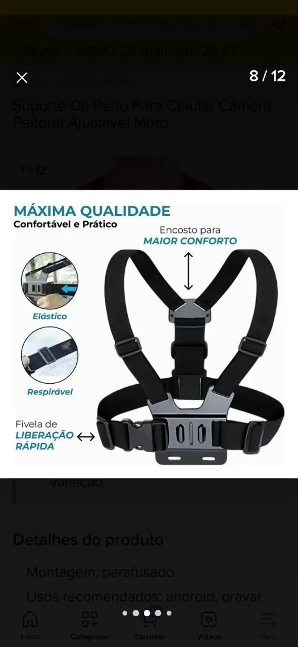 Suporte de peito para Celular,  Câmera  peitoral ajustável moto  - Foto 3