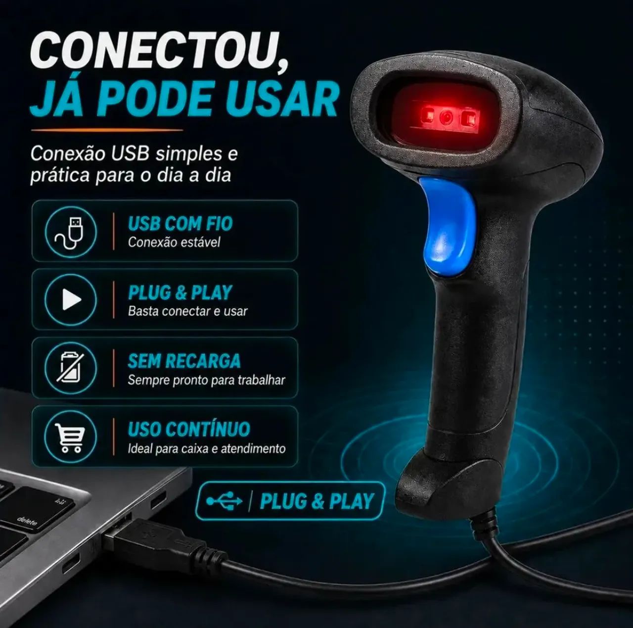 Leitor de Código de Barras Laser 1D USB com Fio - Plug and Play - Foto 5