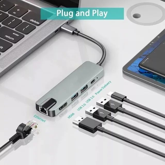 Adaptador Hub Tipo-c 5 Em 1 / Hdmi, 2x Usb, Lan E Tipo-c - Foto 5