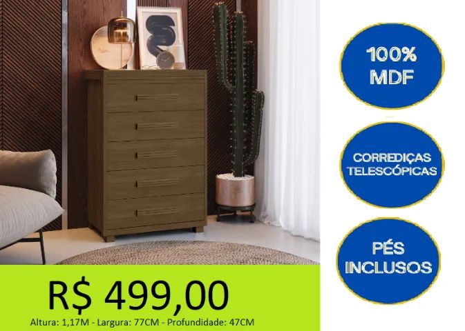Comoda 100% MDF Com pés inclusos - reforço e qualidade 