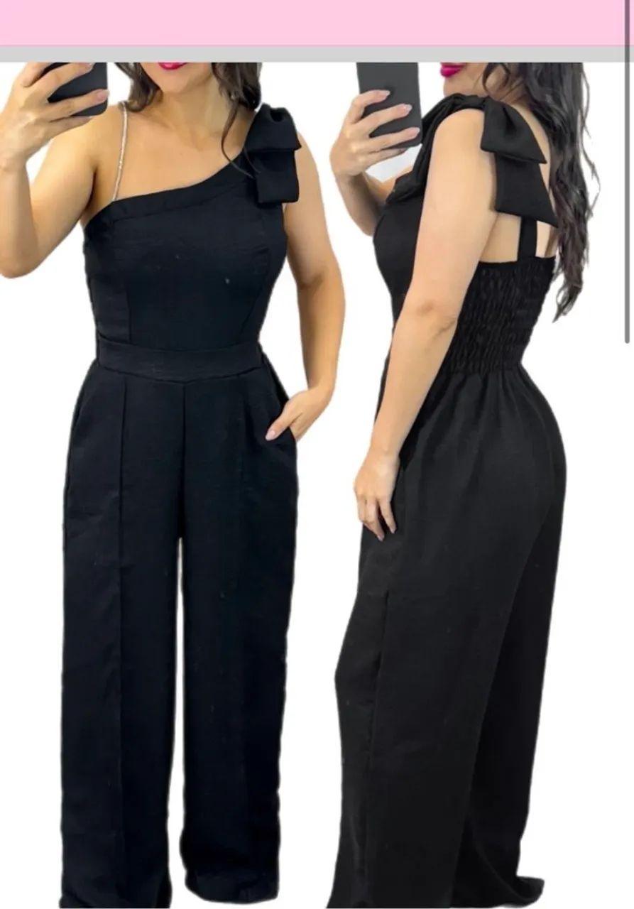 MACACÃO FEMININO PRETO ALÇA BRILHOSA