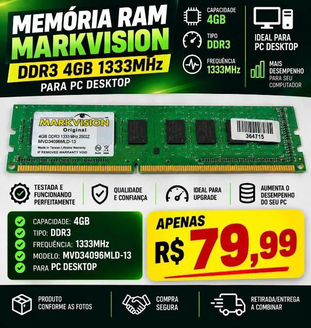 Memória RAM Markvision 4GB DDR3 1333MHz para PC