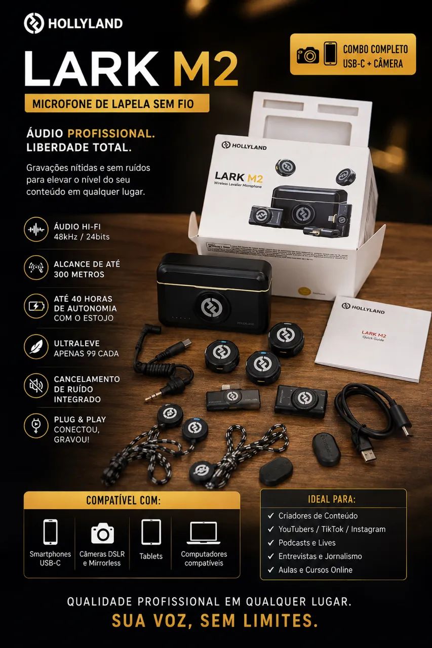 Microfone de Lapela Sem Fio Hollyland Lark M2 Combo USB-C + Câmera