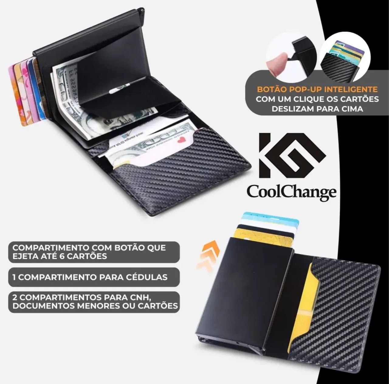 Carteira wallet proteção rfid fibra de carbono alumínio prata - Foto 3