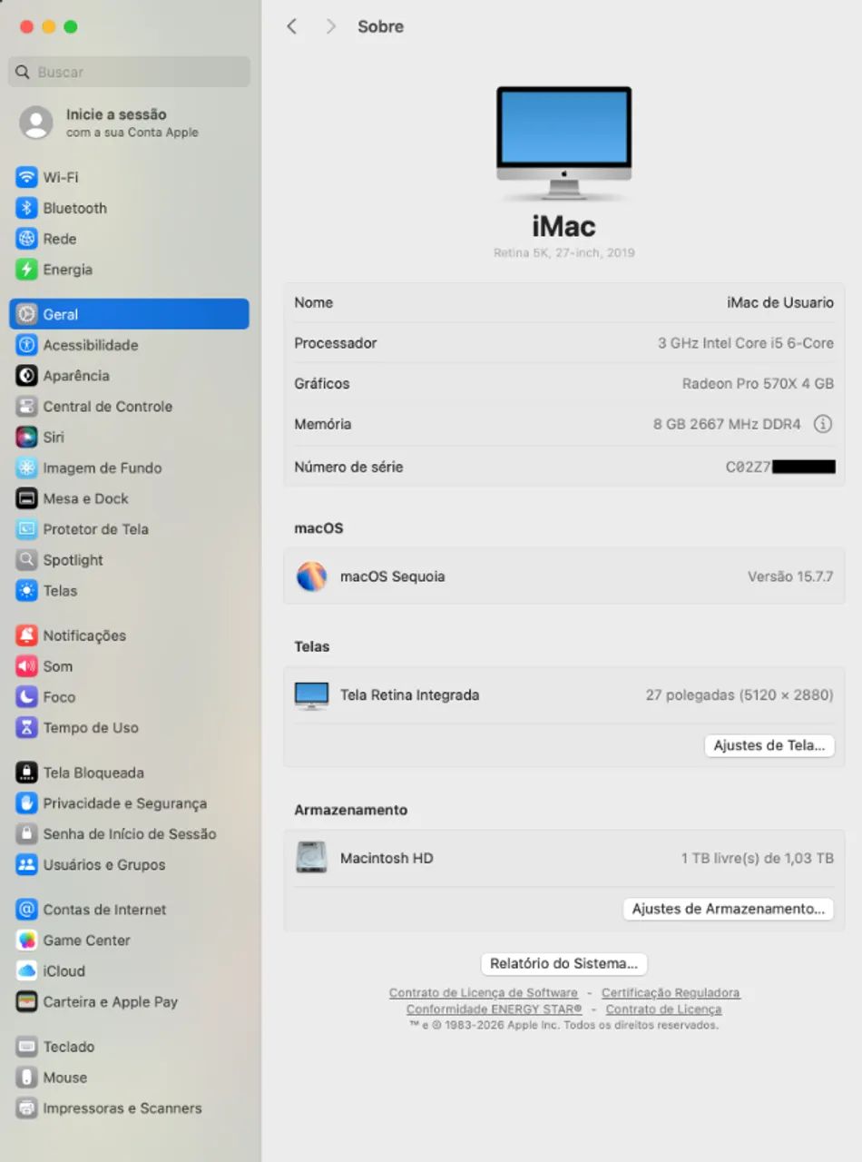 IMAC Retina Tela 5K 27" Ano 2019 Core i5 3GHz 8GB RAM DDR4 HD 1TB