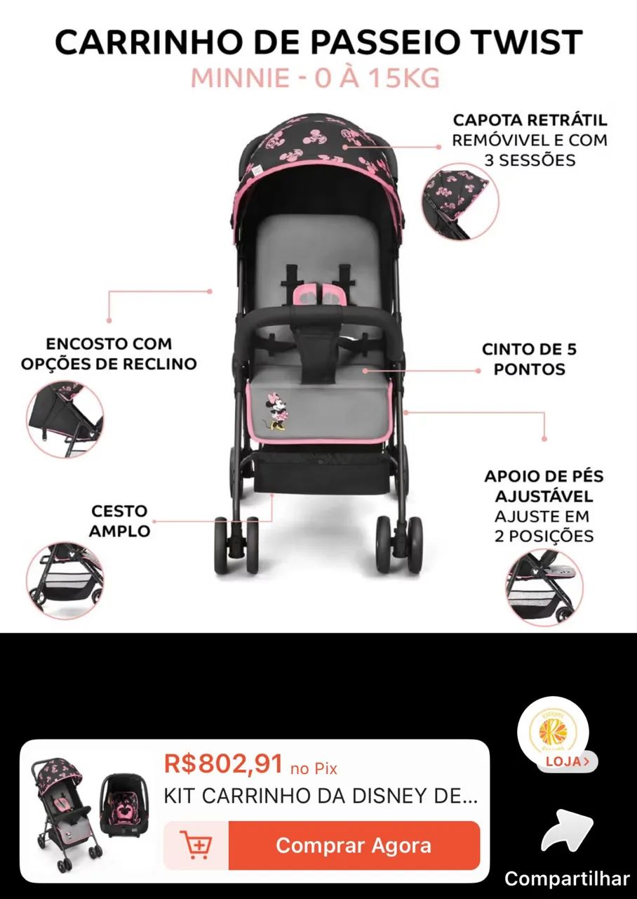 Carrinho e bebê conforto Minnie mouse - Foto 3