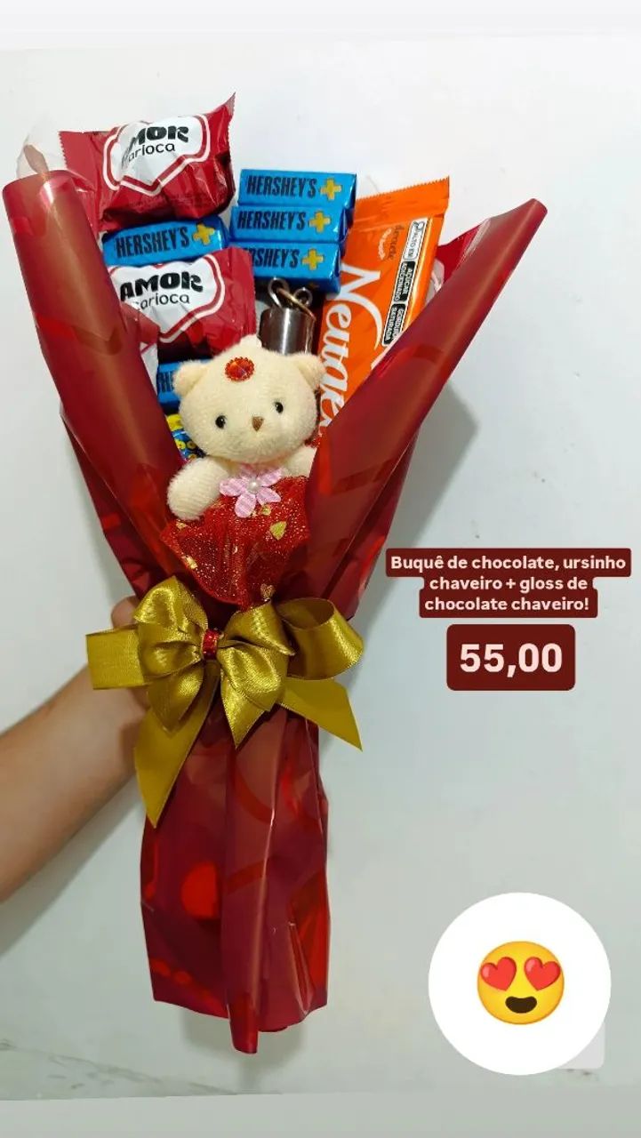 Buquê de chocolate+ gloss de chocolate+ ursinho chaveiro 
