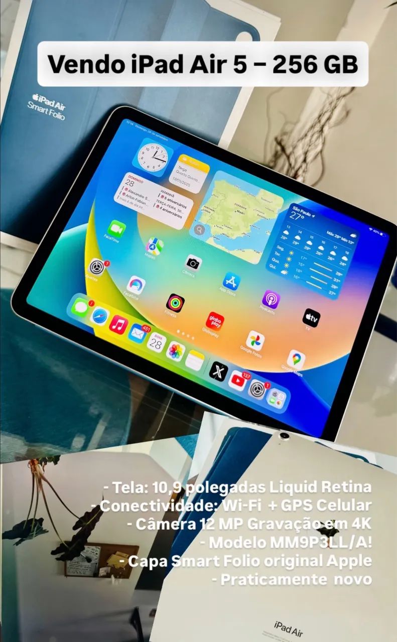 iPad Air 5ª Geração 256GB Wi-Fi + Smart Folio Apple - Impecável