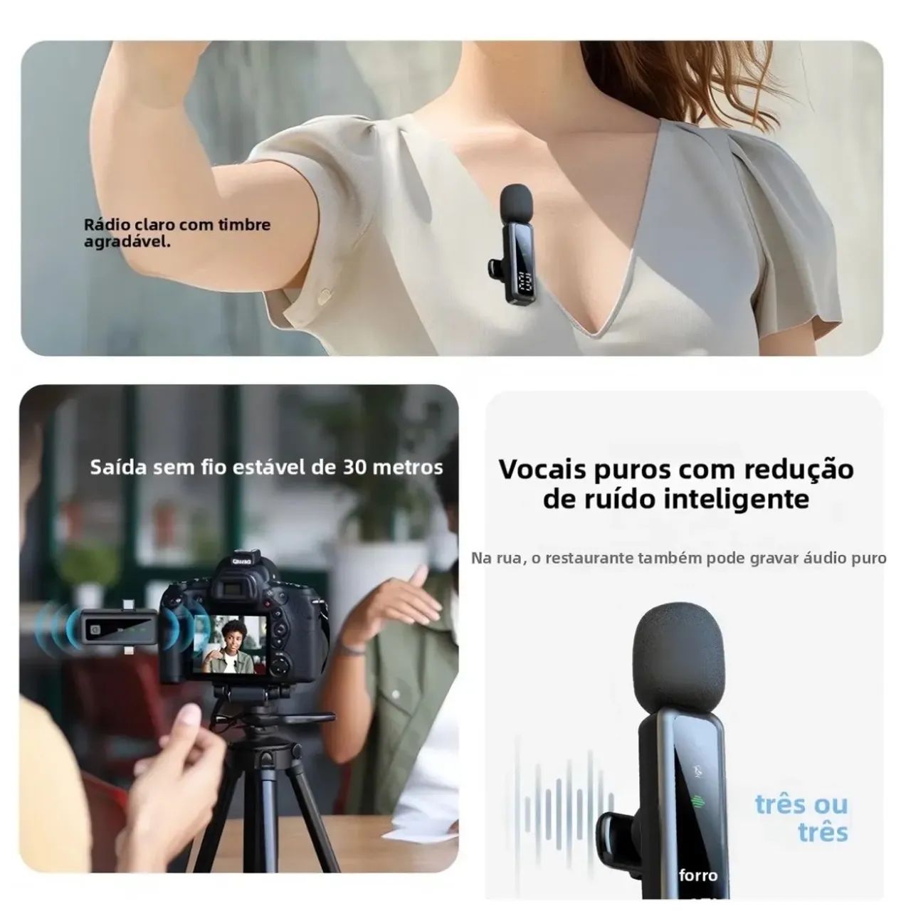 Microfone de lapela duplo sem fio 3 em 1 - Foto 5