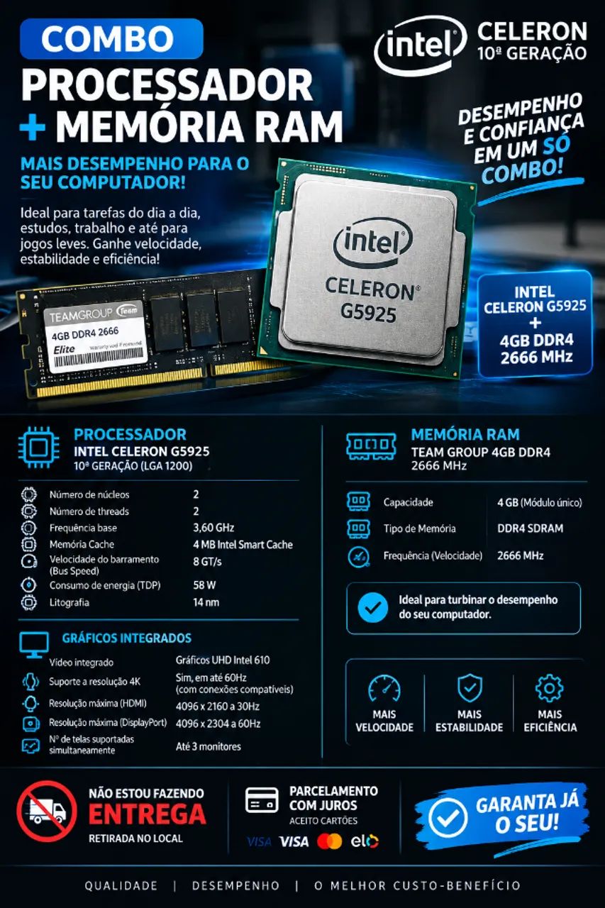 Processador Celeron DDR4 + Memória Ram ddr4 4GB  - Foto 2