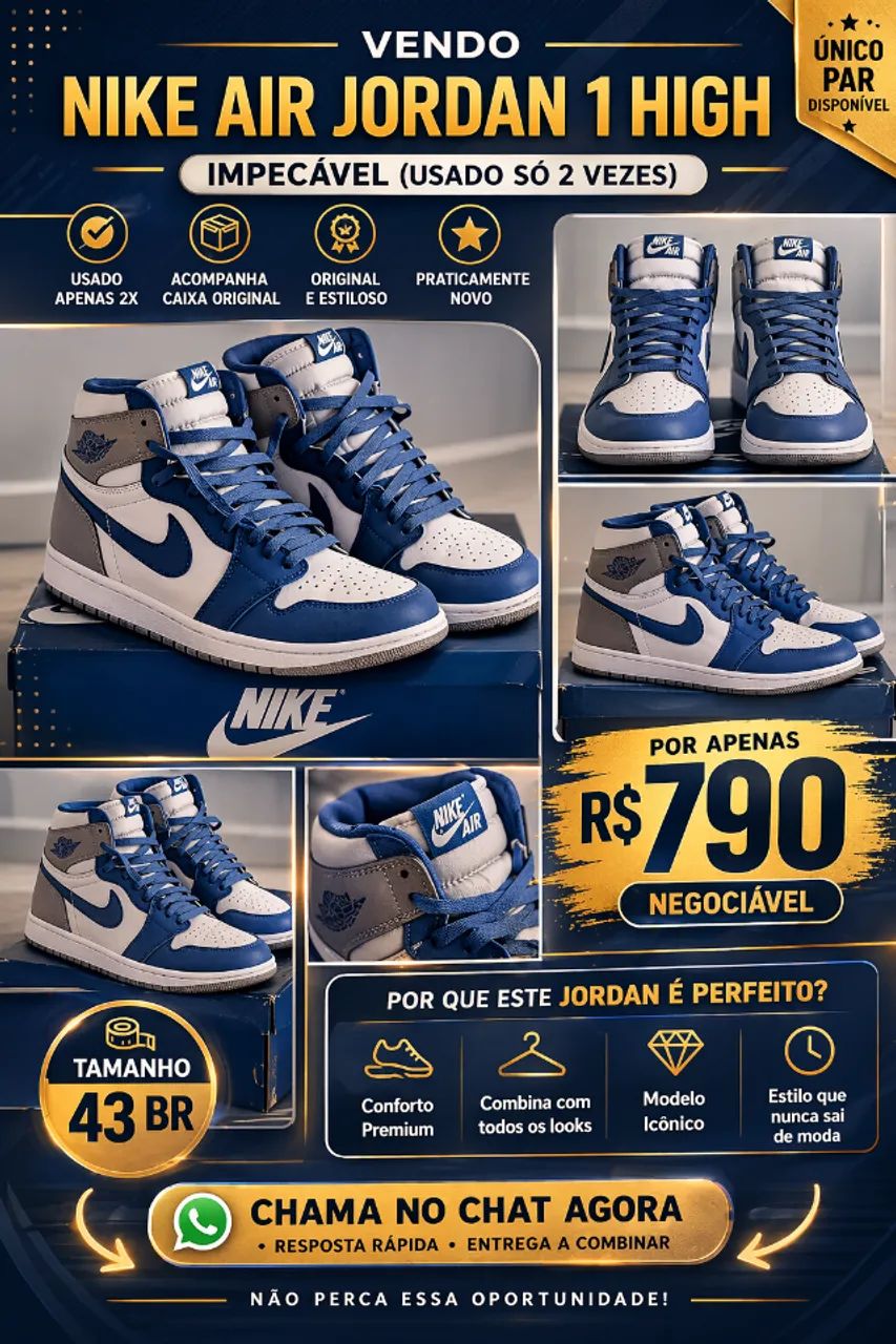 Nike Air Jordan 1 High Azul/Cinza - Impecável (Usado 2x) + Caixa
