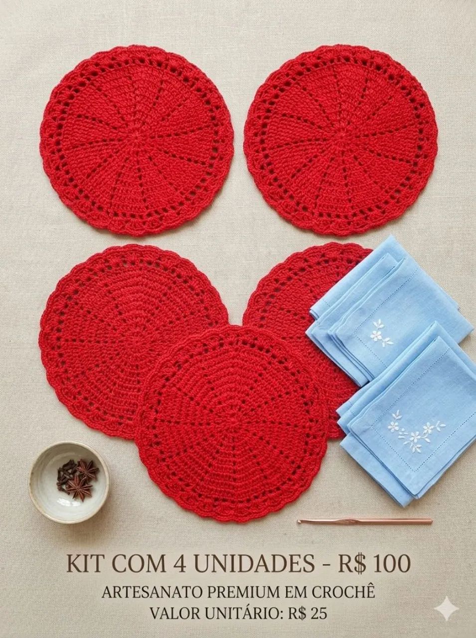 Sousplat mesa posta em crochê vermelho. Kit com 4 unidade  - Foto 2