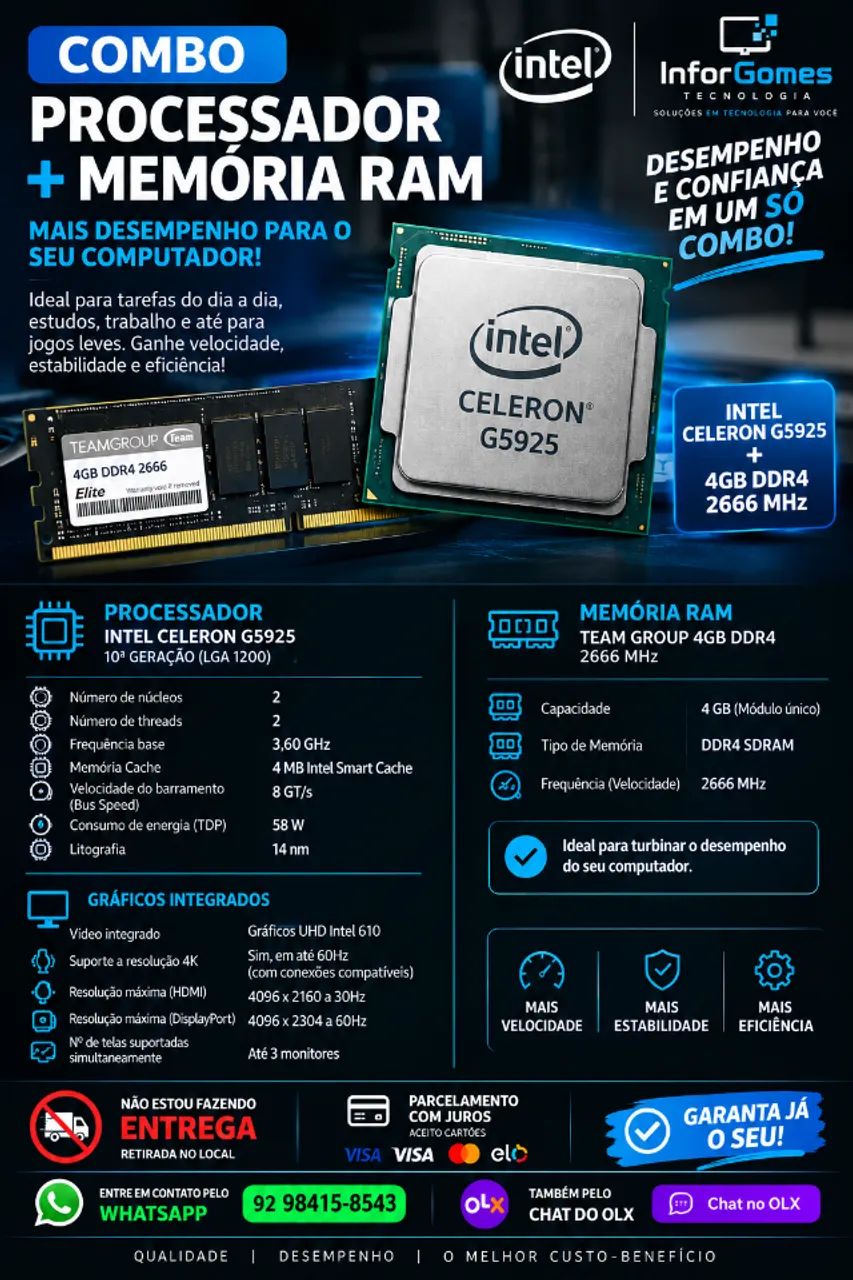 Processador Celeron DDR4 + Memória Ram ddr4 4GB  - Foto 3