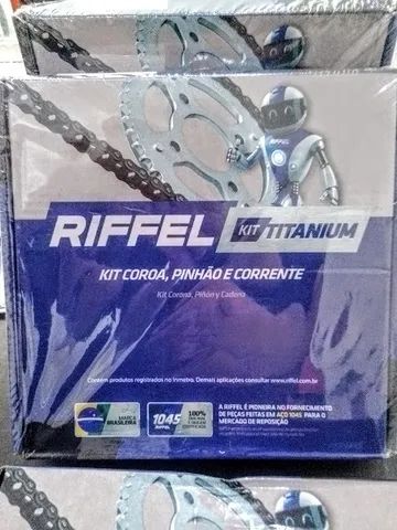 *Kit Transmissão Cg/Fan/Titan 150 (Coroa, Pinhão e Corrente) Marca Riffel - Aço 1045 Promo