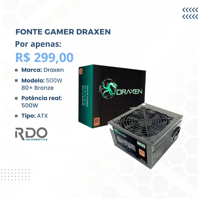 Fonte de PC 500W Gamer Draxen 500W