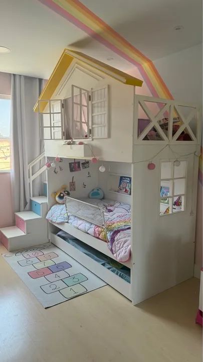 Cama casinha TRELICHE com Escada e Gavetas Coloridas