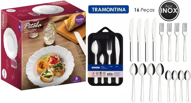 Aparelho de Jantar Pétala branco 8 peças + Faqueiro Malibu Inox 16 Peças Tramontina - Foto 2