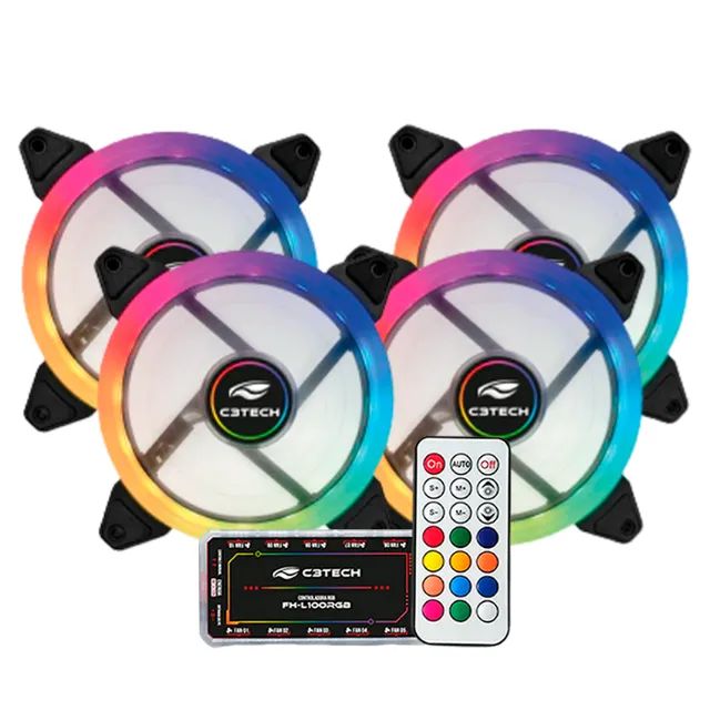 Kit 4 Cooler Fan 120mm C3tech C110F220 com Controladora e Controle ARGB 3P 5V - WZetta