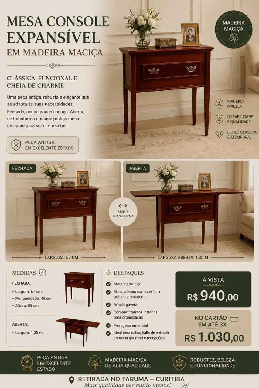MESA CONSOLE EXPANSÍVEL EM MADEIRA MACIÇA