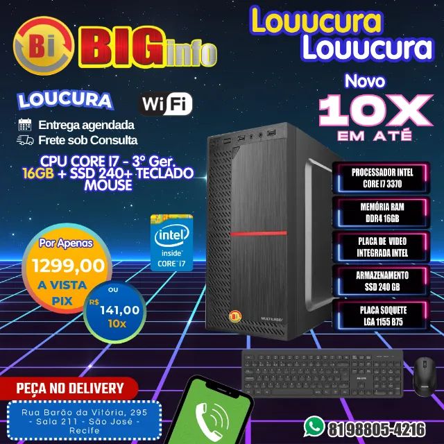 Computador BIG, Intel Core I7 16GB, SSD 240GB  Teclado Mouse - Em Até 10x Fixas - Com Nf-e