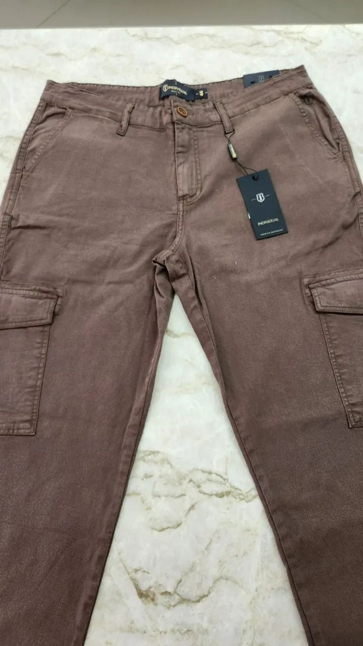 Calça Cargo Masculina INDIVIDUAL Original | Sarja Marrom | Tam 44