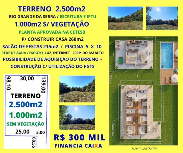 Área 2500m2 Planta Aprovada p/ Construção de Chácara Rio Gde da Serra Estuda Parcelamento