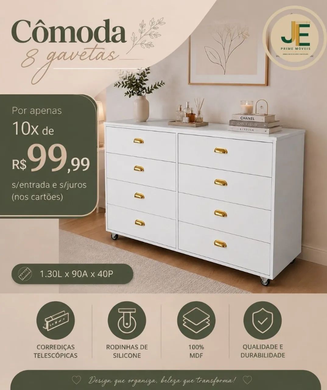 Cômodas 8 gavetas e rodinhas em mdf 